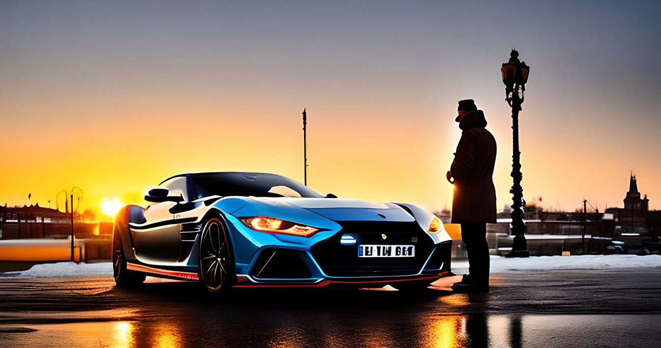 Мужчина стоит рядом с автомобилем под дождем